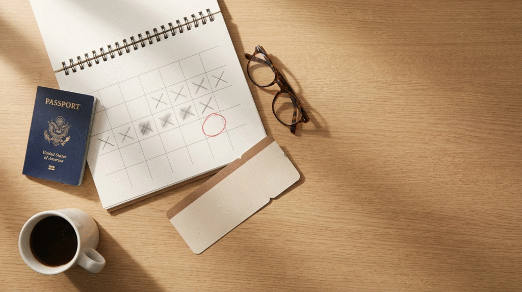 A US passport on a desk beside a wall calendar with a travel date circled in red, illustrating the full passport processing timeline
