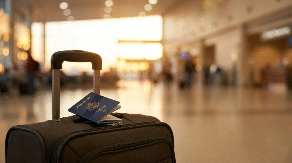A US passport resting on a suitcase handle in an airport departures hall at golden hour