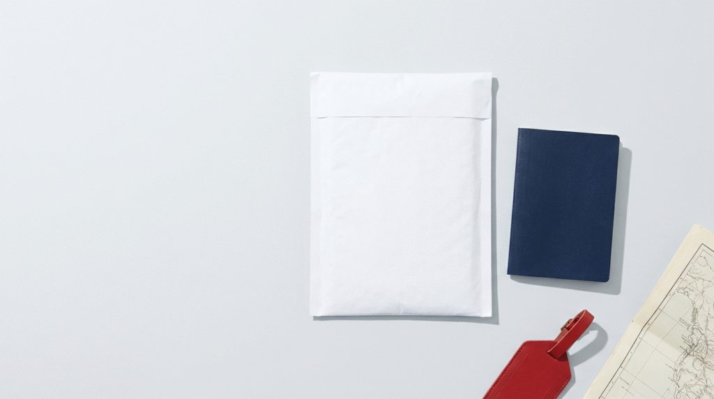 A large white mailing envelope beside a US passport, representing the mailing time that is not counted in official passport processing times