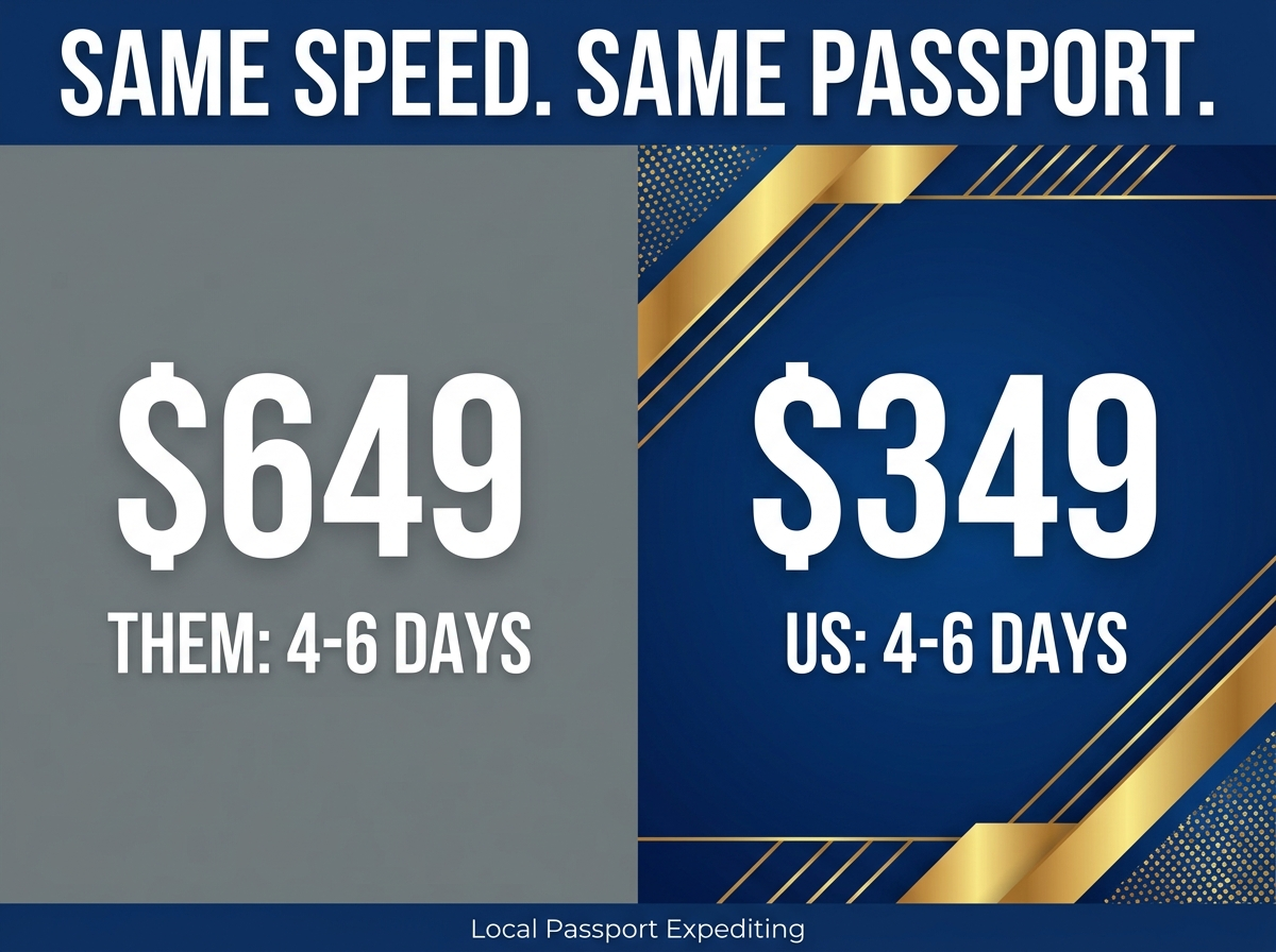 Price comparison graphic: 649 dollars versus 349 dollars for the same 4-6 day passport expediting timeline
