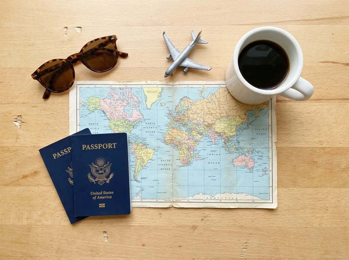 Travel planning flat lay with two US passports and a world map