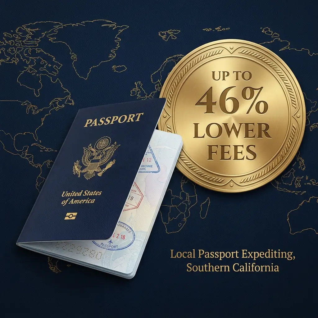 US passport with badge reading up to 46 percent lower fees, local passport expediting Southern California