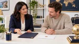 Private travel-document adviser discussing an application with a customer