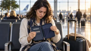 Traveler checking an empty passport pocket at the airport