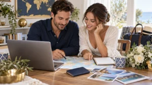 Newlywed couple planning honeymoon travel documents together